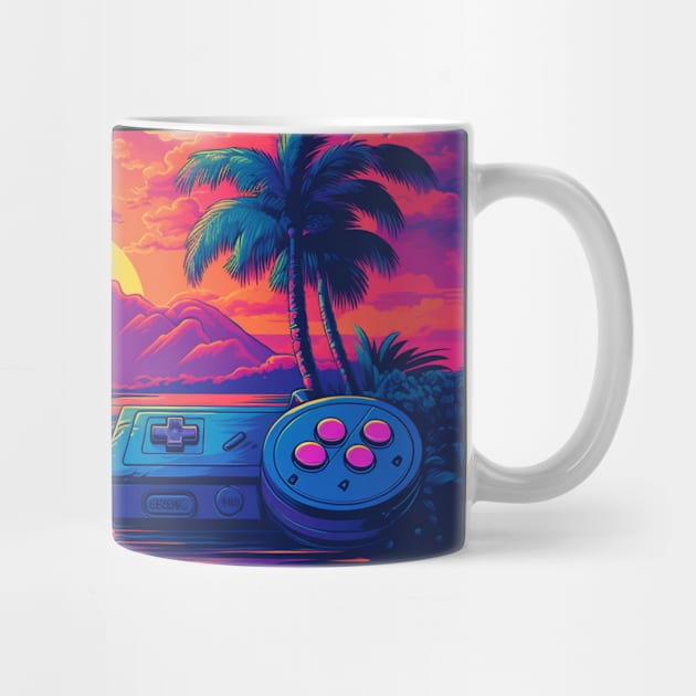 Retro Futuristic Game Controllers Synthwave Sun And Palms by Nightarcade